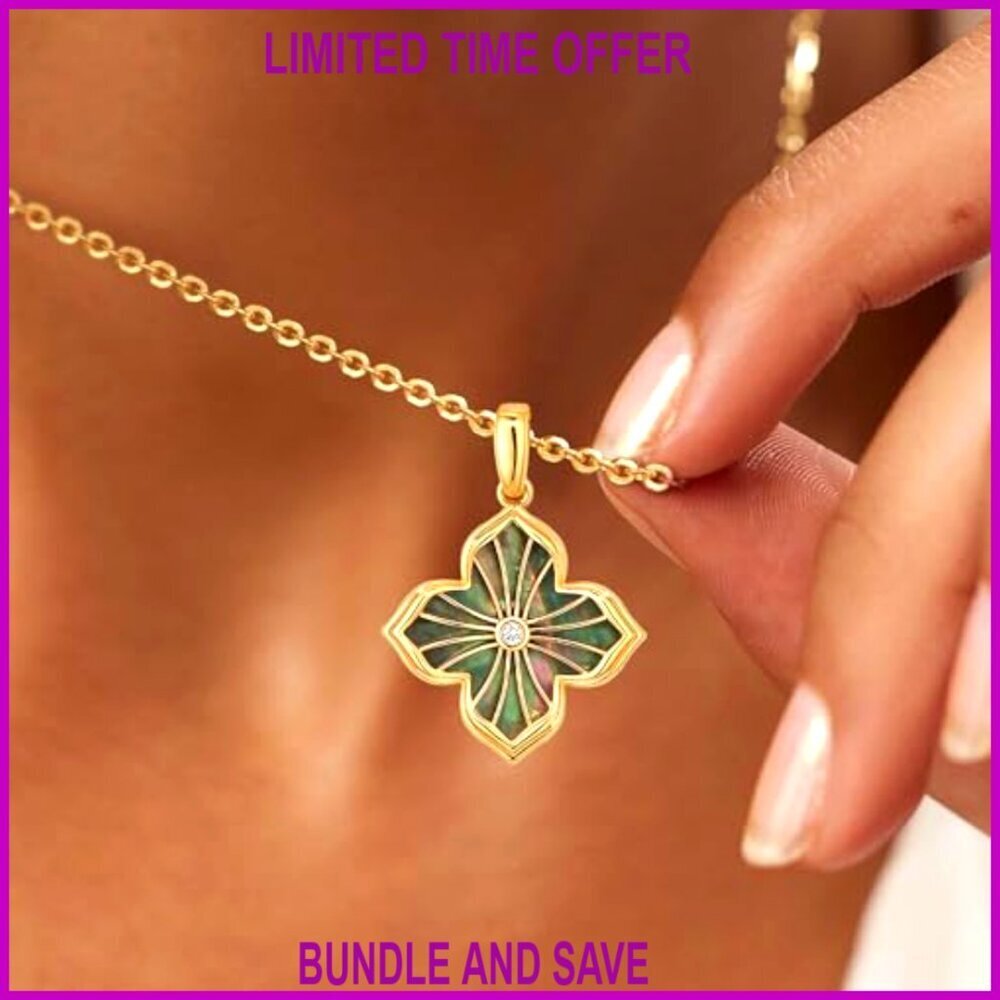 Double-Sided Clover Pendant Necklace 14K Gold Plated Chain 18" Length - Picture 3 of 7